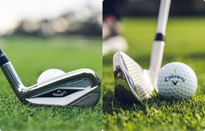 callaway paradym ai smoke irons on grass hitting golf ball